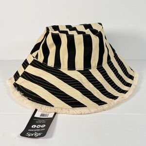 Sprigs NEW Adjustable Wide Brim Striped Summer Hat Black Beige Fringe beach pool